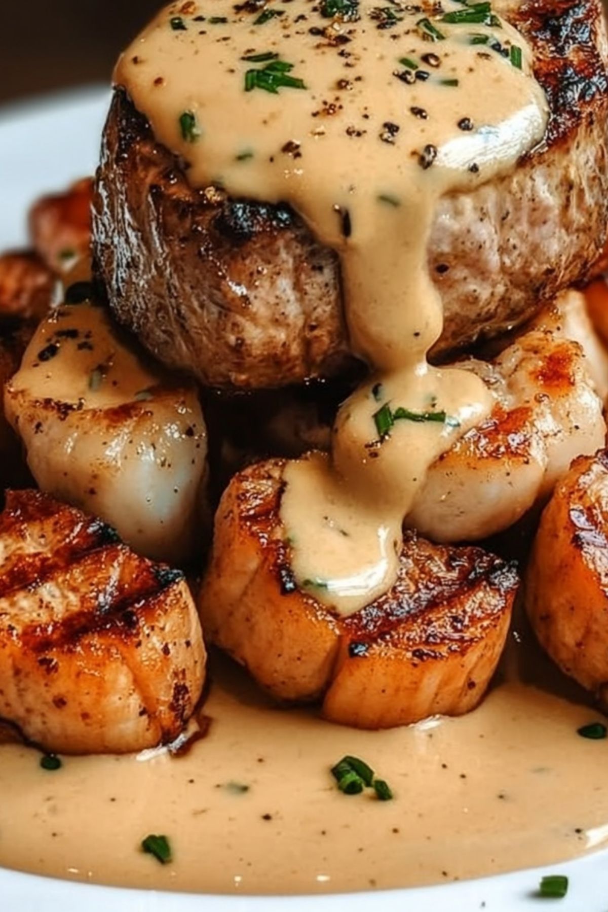 Surf and Turf with Creamy Garlic Sauce