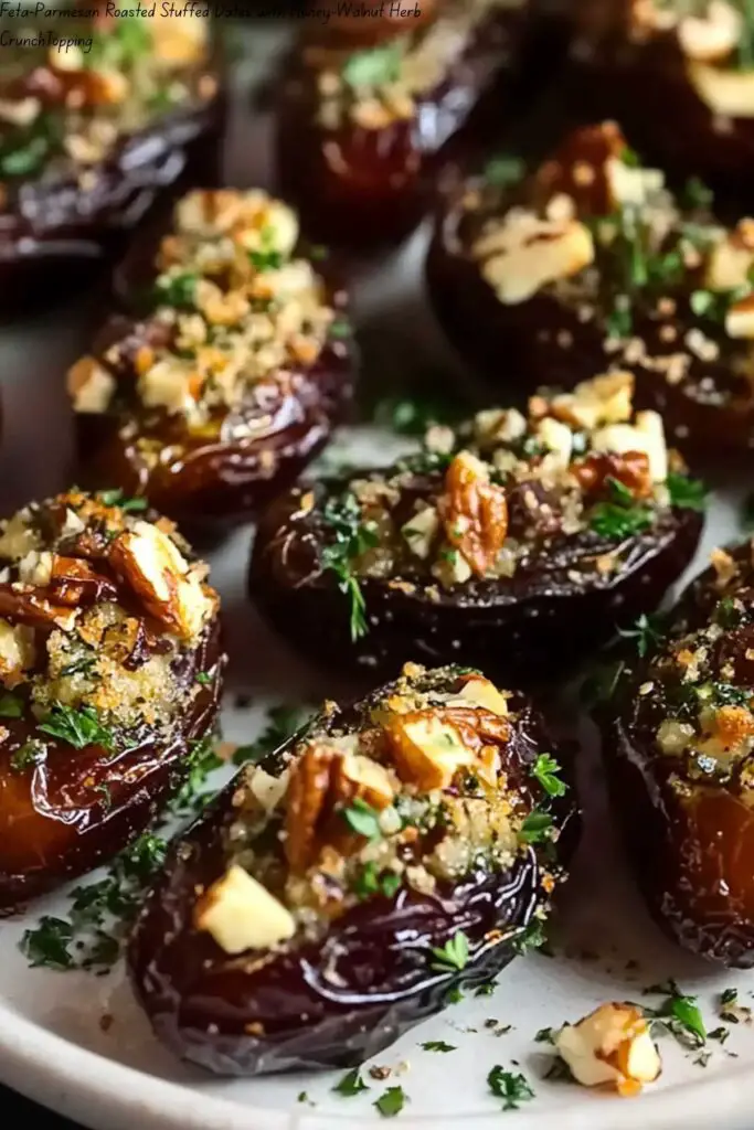 Feta-Parmesan Roasted Stuffed Dates with Honey-Walnut Herb CrunchTopping: 4 Feta-Parmesan Roasted Stuffed Dates with Honey-Walnut Herb CrunchTopping: