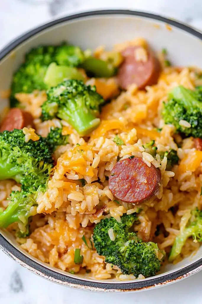Cheesy Kielbasa Rice and Broccoli Skillet