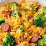 Cheesy Kielbasa Rice and Broccoli Skillet