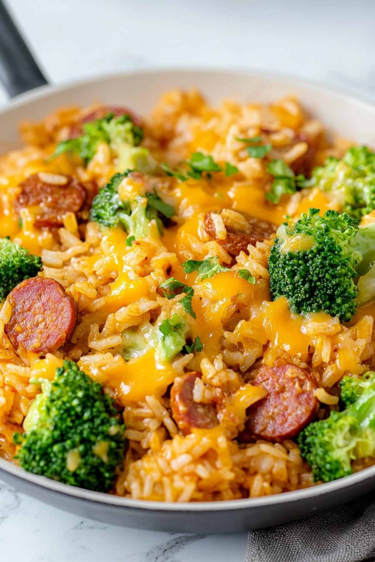 Cheesy Kielbasa Rice and Broccoli Skillet