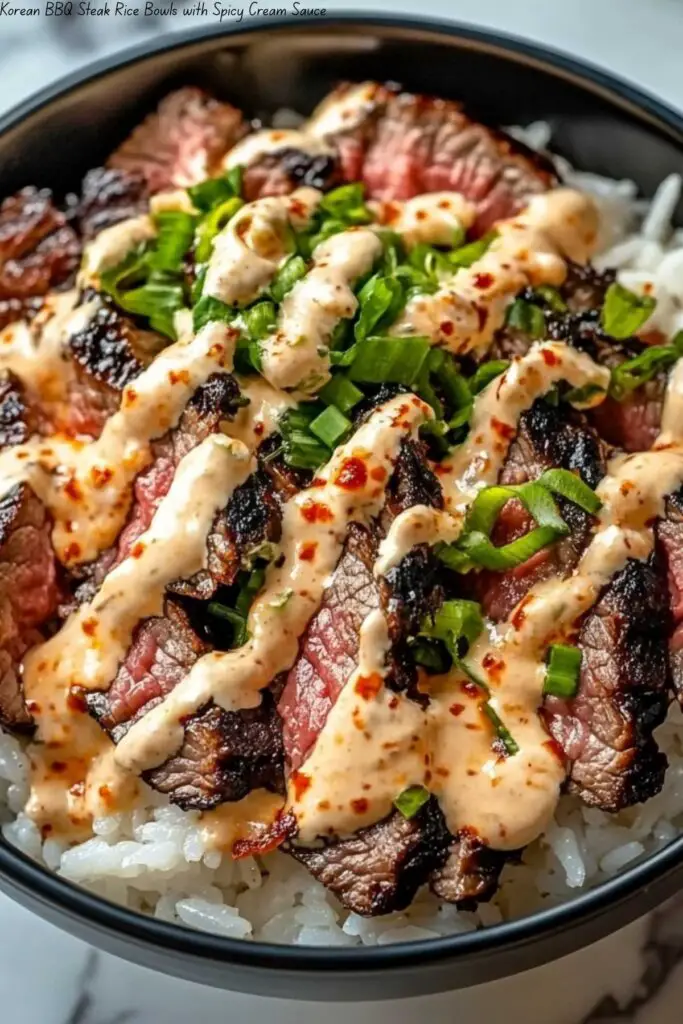 Korean BBQ Steak Rice Bowls with Spicy Cream Sauce