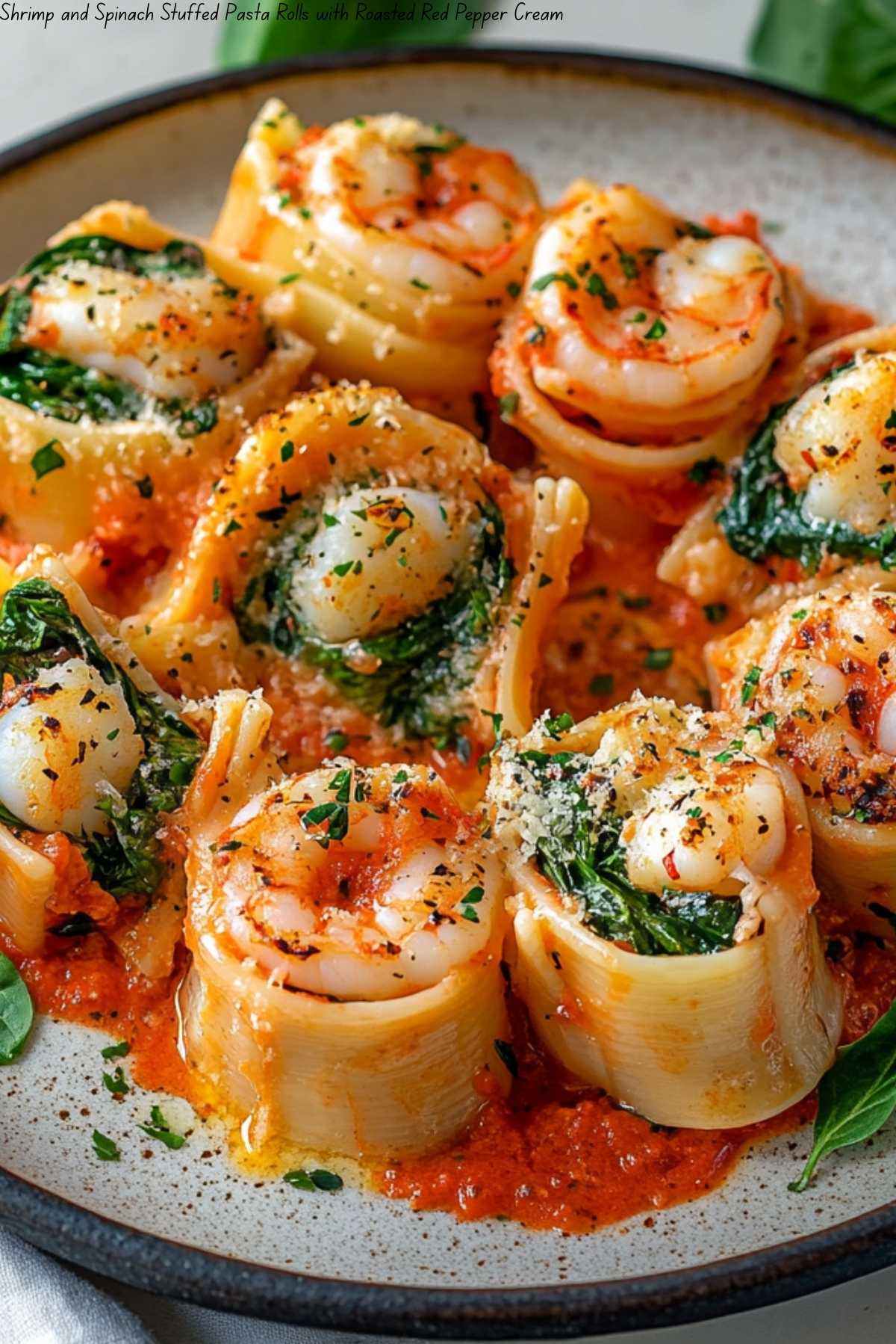 Shrimp and Spinach Stuffed Pasta Rolls with Roasted Red Pepper Cream