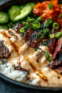 Korean BBQ Steak Rice Bowls with Spicy Cream Sauce
