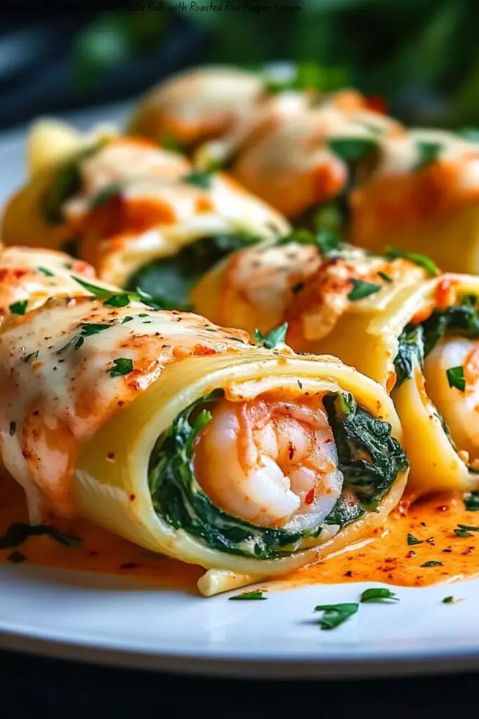 Shrimp and Spinach Stuffed Pasta Rolls with Roasted Red Pepper Cream 4 Shrimp and Spinach Stuffed Pasta Rolls with Roasted Red Pepper Cream