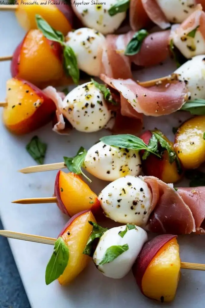 Mozzarella, Prosciutto, and Pickled Peach Appetizer Skewers 4 Mozzarella, Prosciutto, and Pickled Peach Appetizer Skewers