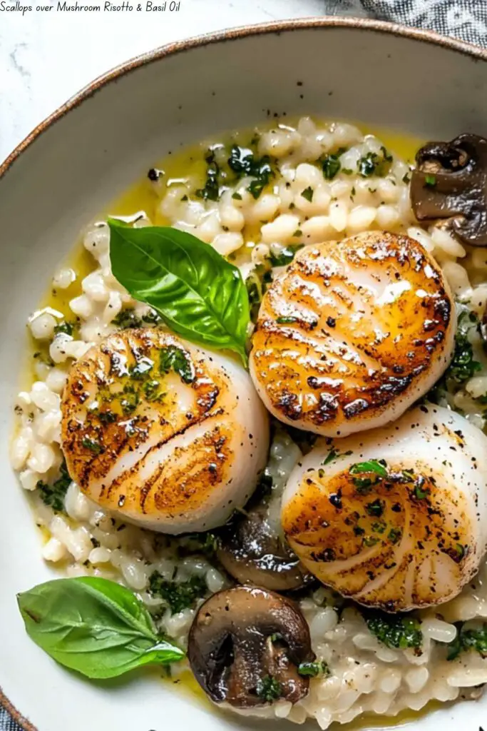 Scallops over Mushroom Risotto & Basil Oil 4 Scallops over Mushroom Risotto & Basil Oil