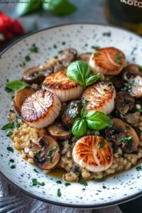 Scallops over Mushroom Risotto & Basil Oil