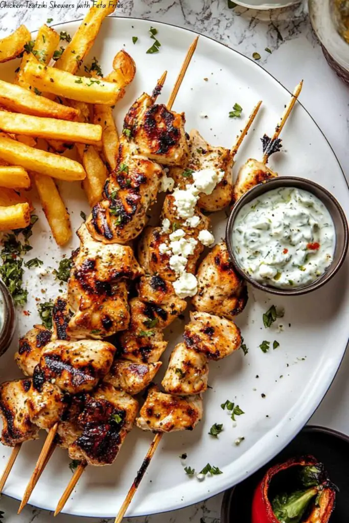 Chicken Tzatziki Skewers with Feta Fries. 4 Chicken Tzatziki Skewers with Feta Fries.