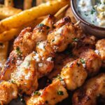 Chicken Tzatziki Skewers with Feta Fries. 5 Chicken Tzatziki Skewers with Feta Fries.