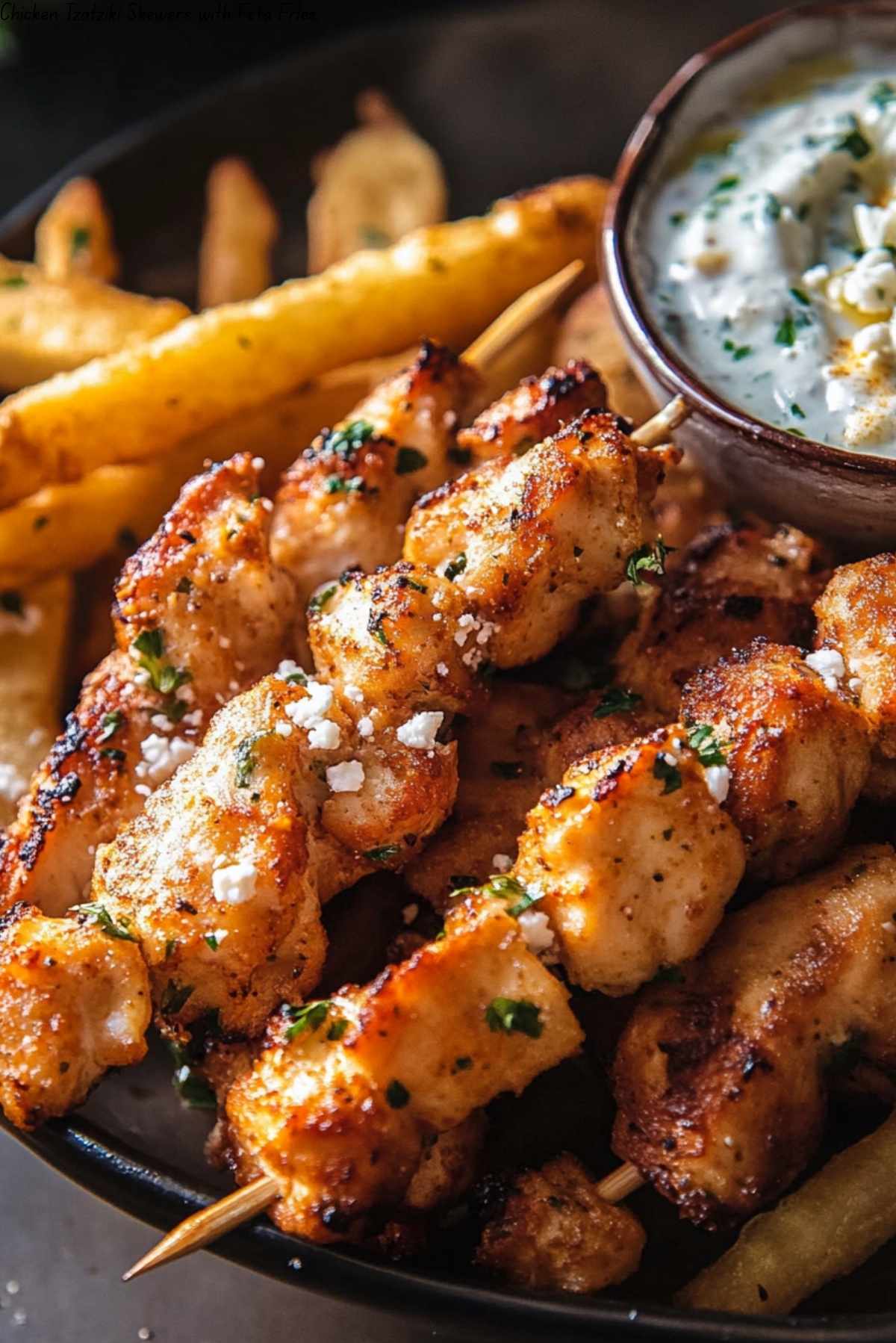 Chicken Tzatziki Skewers with Feta Fries.