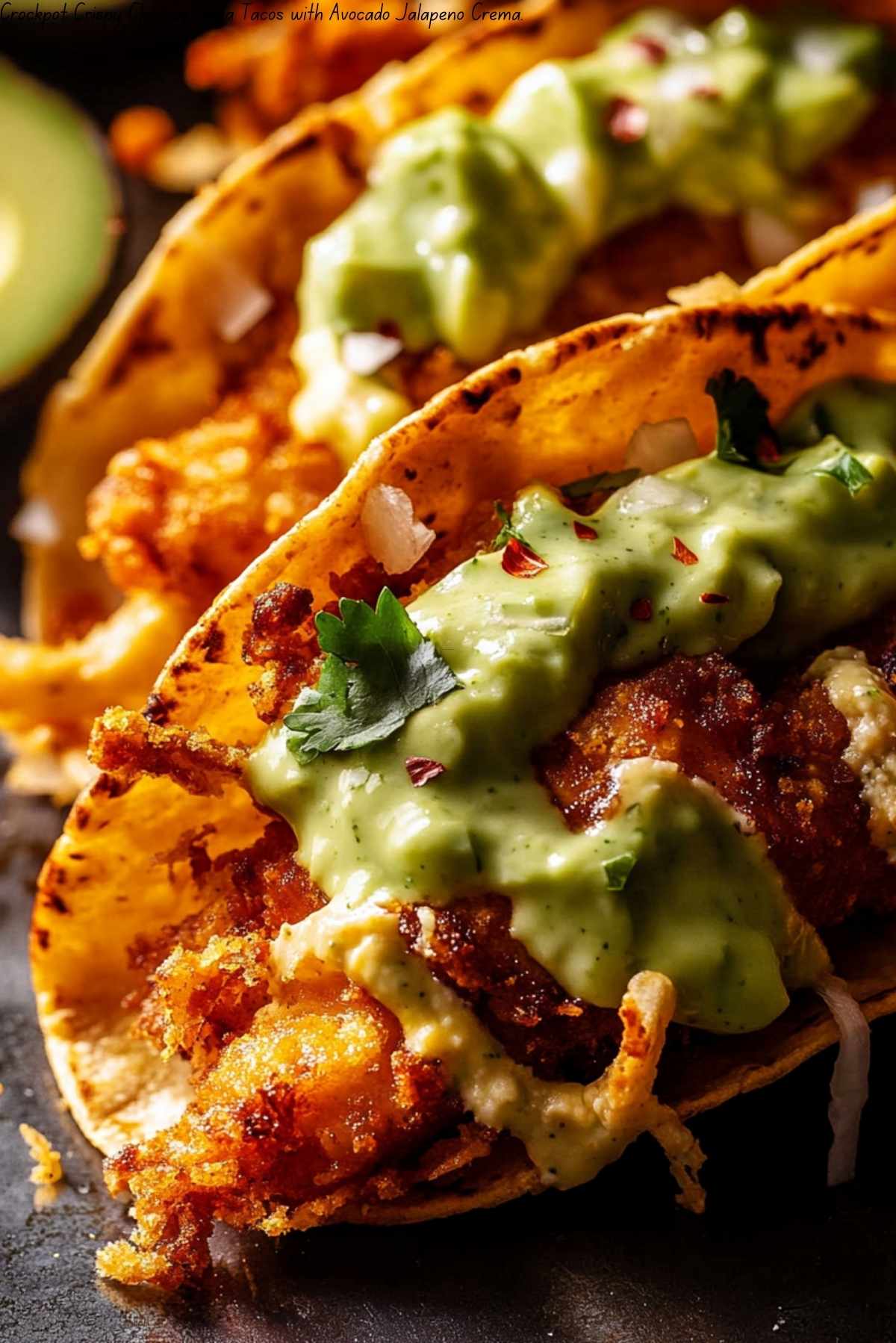 Crockpot Crispy Chicken Tinga Tacos with Avocado Jalapeño Crema.