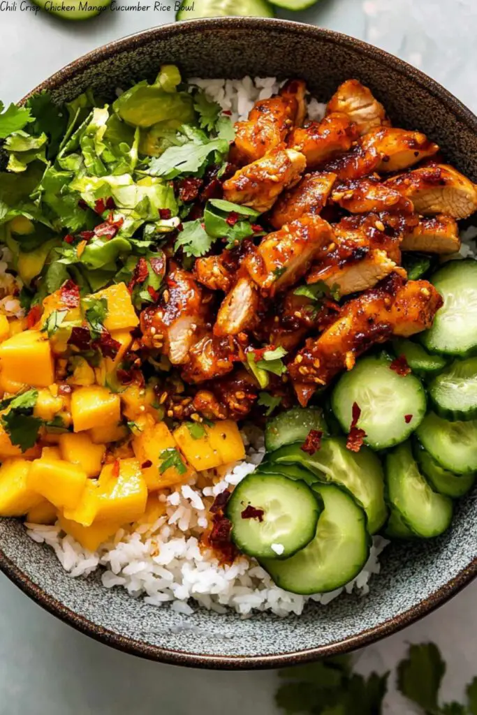Chili Crisp Chicken Mango Cucumber Rice Bowl. 4 Chili Crisp Chicken Mango Cucumber Rice Bowl.
