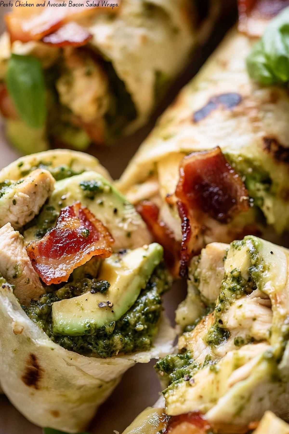 Pesto Chicken and Avocado Bacon Salad Wraps.