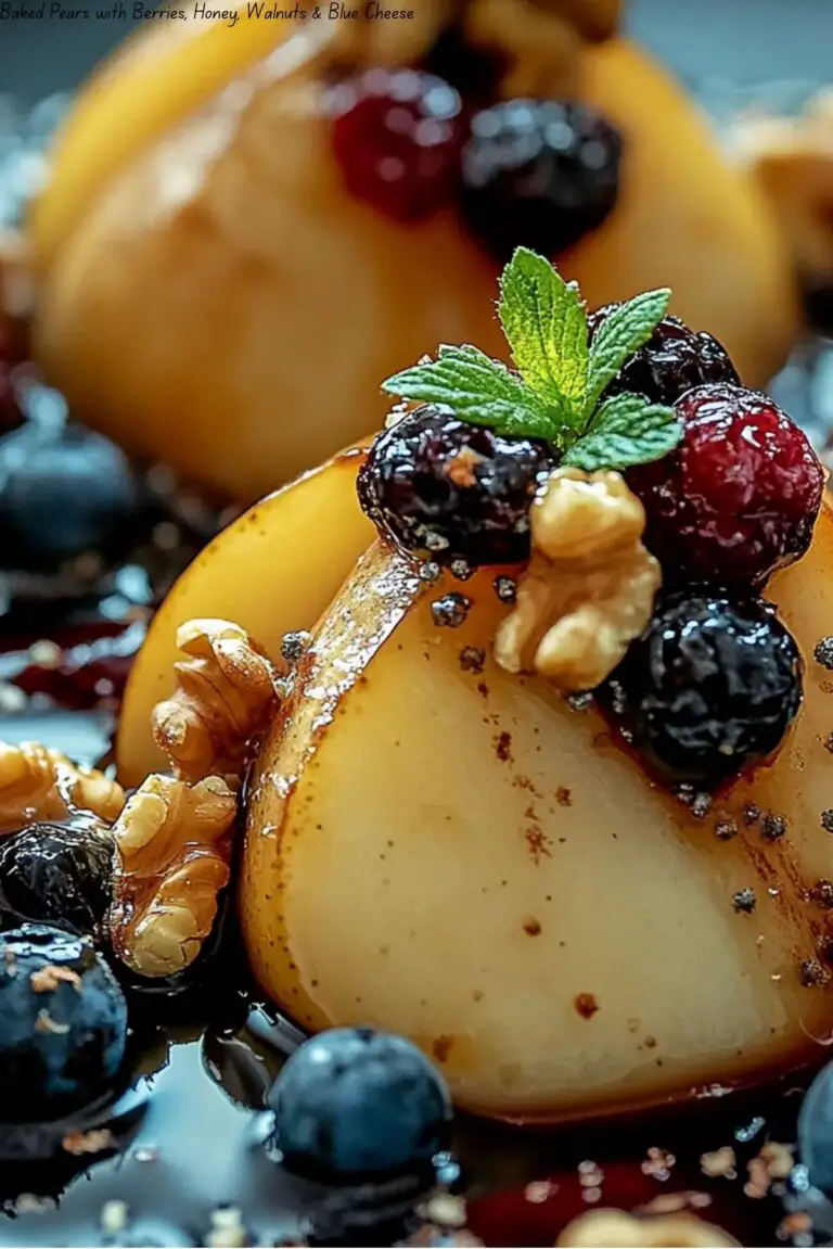 Baked Pears with Berries, Honey, Walnuts & Blue Cheese