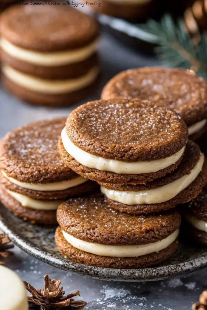 Ginger Molasses Sandwich Cookies with Eggnog Frosting