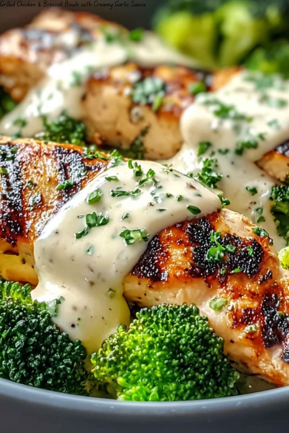 Grilled Chicken & Broccoli Bowls with Creamy Garlic Sauce