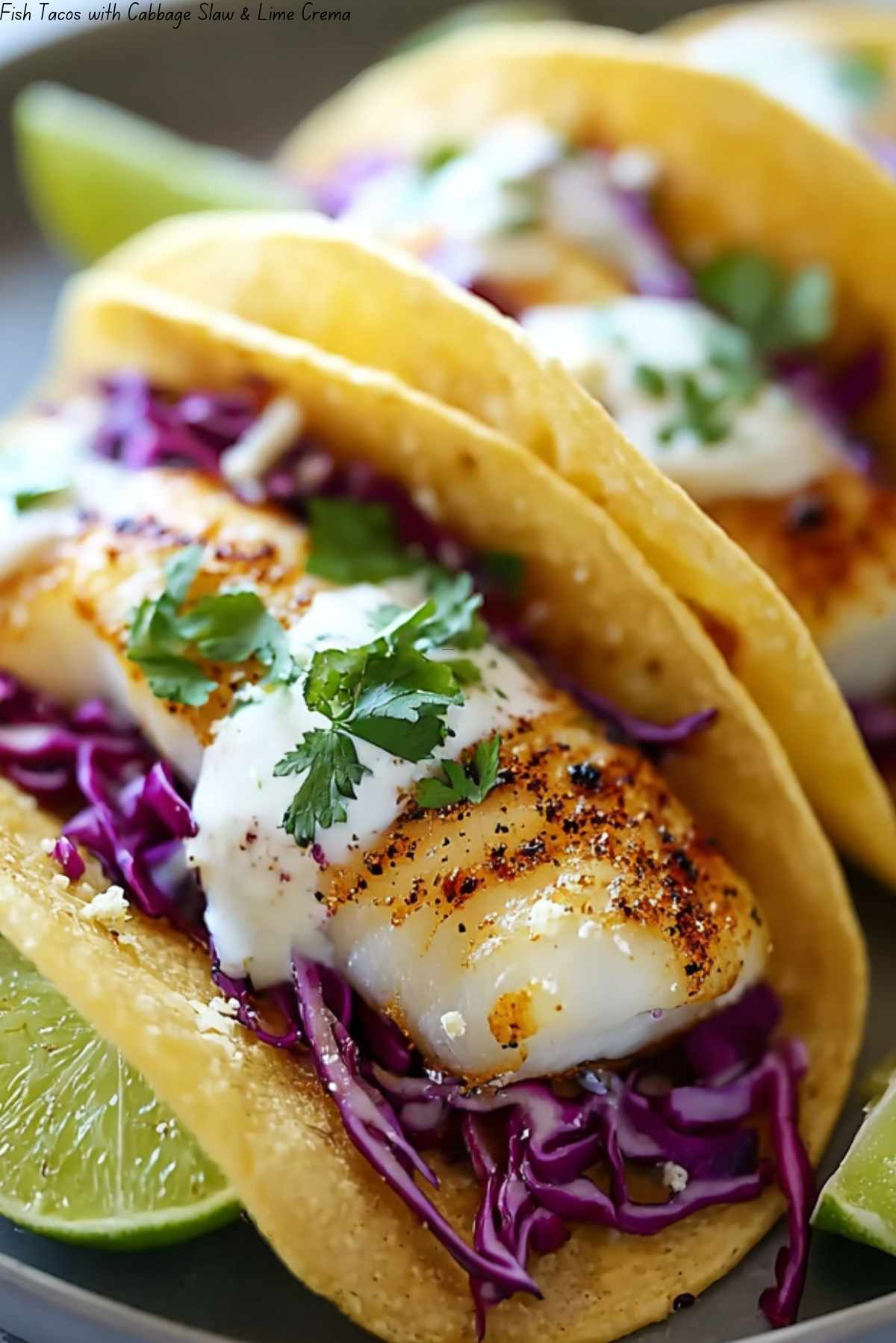 Fish Tacos with Cabbage Slaw & Lime Crema