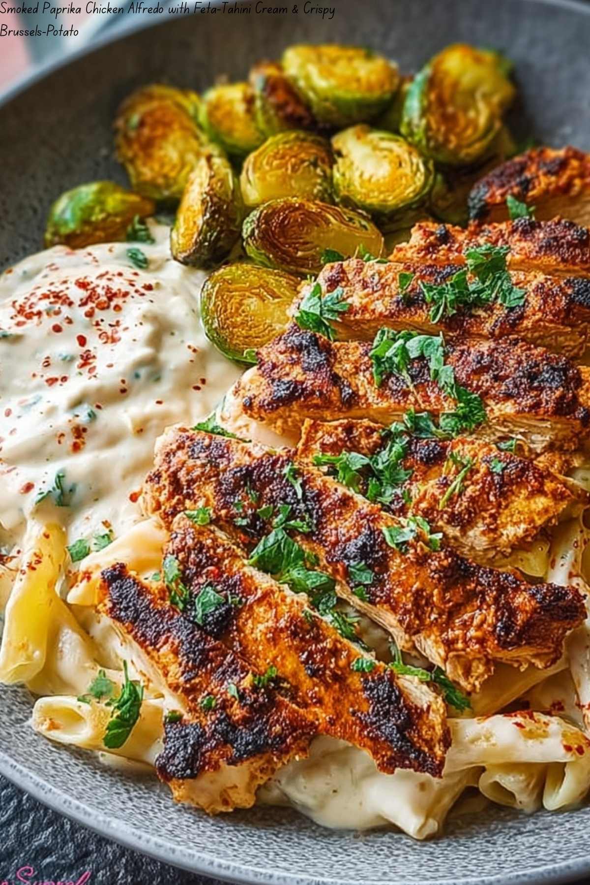 Smoked Paprika Chicken Alfredo with Feta-Tahini Cream & Crispy Brussels-Potato