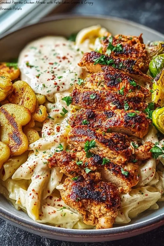 Smoked Paprika Chicken Alfredo with Feta-Tahini Cream & Crispy Brussels-Potato 4 Smoked Paprika Chicken Alfredo with Feta-Tahini Cream & Crispy Brussels-Potato