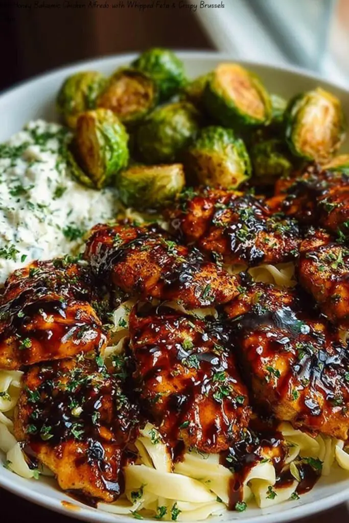 Hot Honey Balsamic Chicken Alfredo with Whipped Feta & Crispy Brussels Chips 4 Hot Honey Balsamic Chicken Alfredo with Whipped Feta & Crispy Brussels Chips
