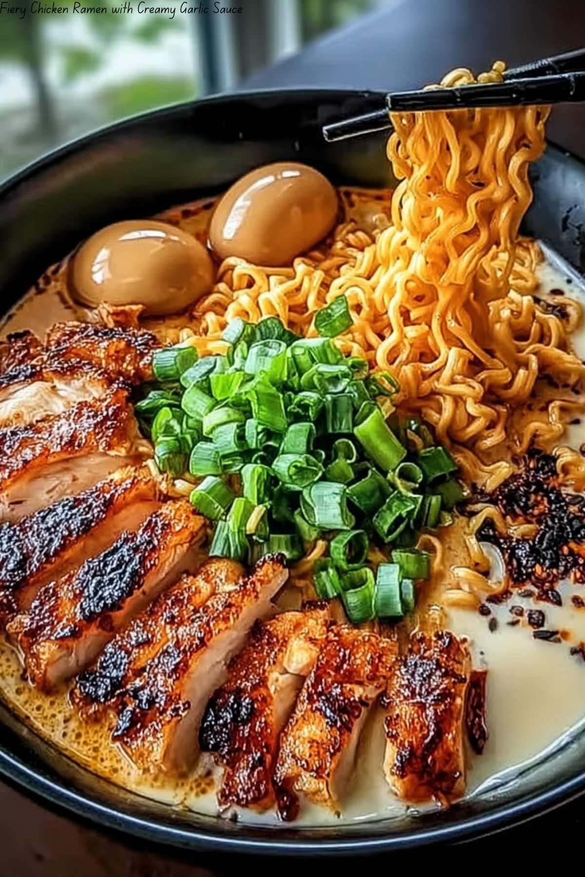 Fiery Chicken Ramen with Creamy Garlic Sauce
