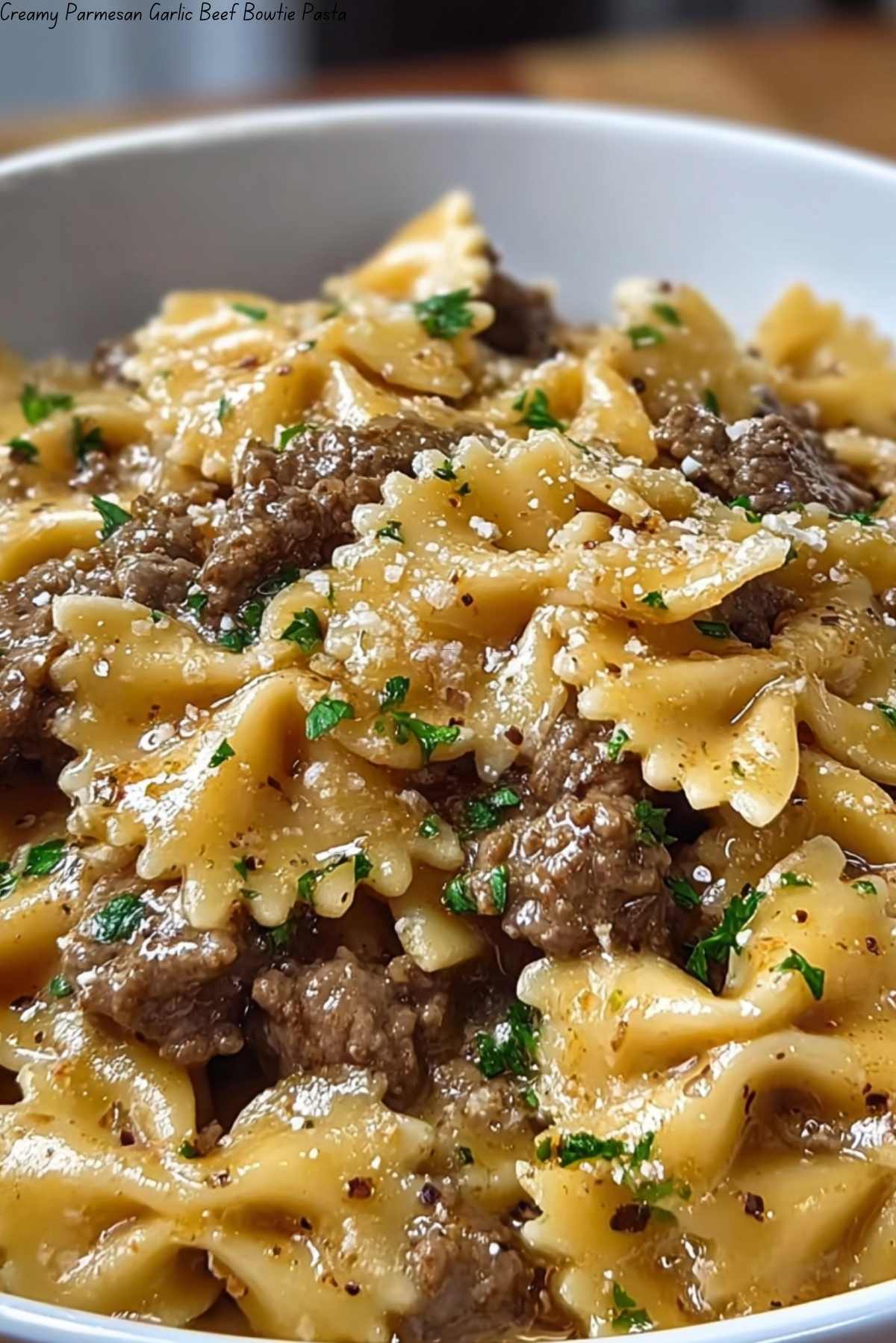 Creamy Parmesan Garlic Beef Bowtie Pasta