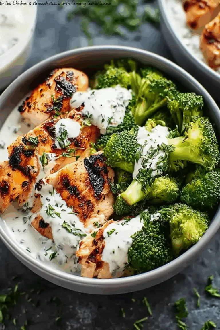 Grilled Chicken & Broccoli Bowls with Creamy Garlic Sauce