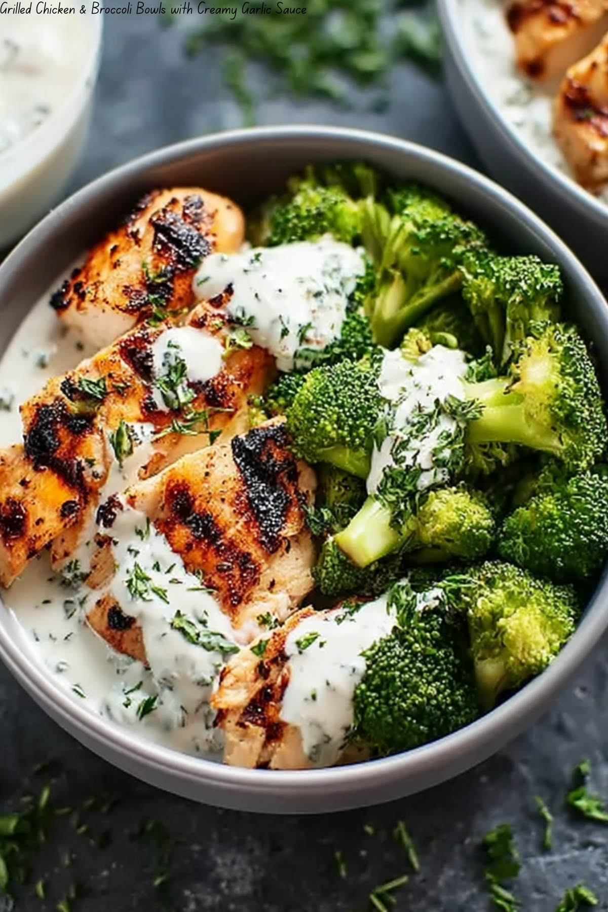 Grilled Chicken & Broccoli Bowls with Creamy Garlic Sauce