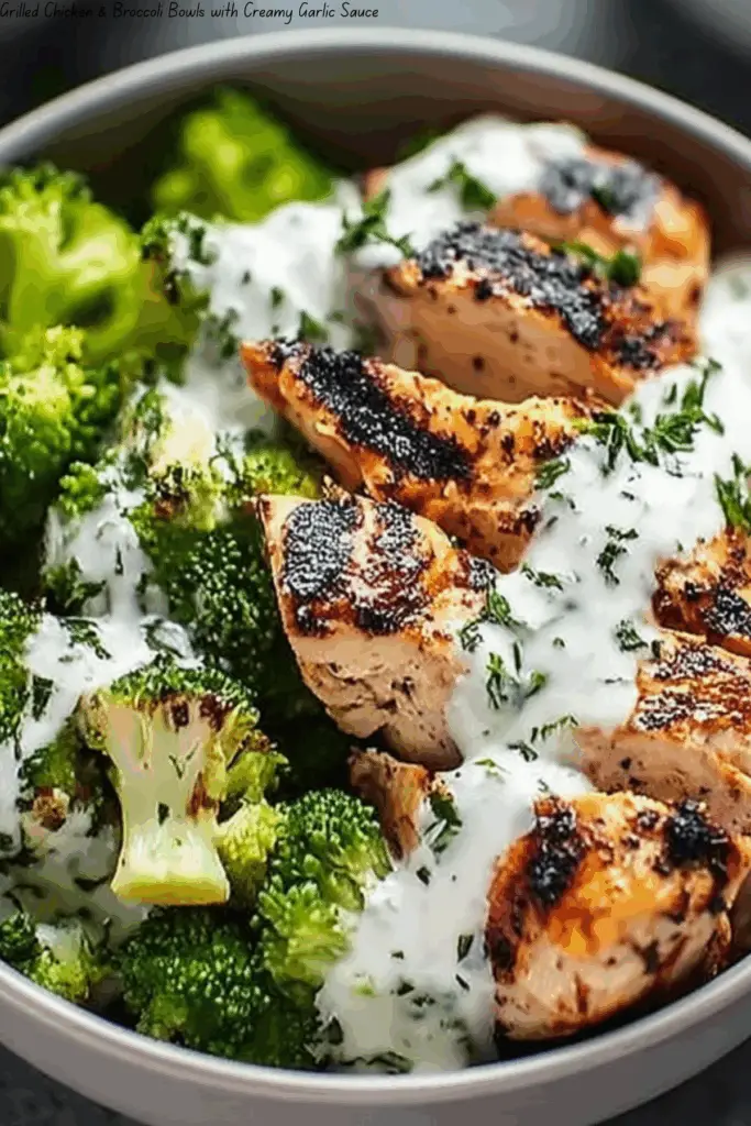 Grilled Chicken & Broccoli Bowls with Creamy Garlic Sauce 4 Grilled Chicken & Broccoli Bowls with Creamy Garlic Sauce