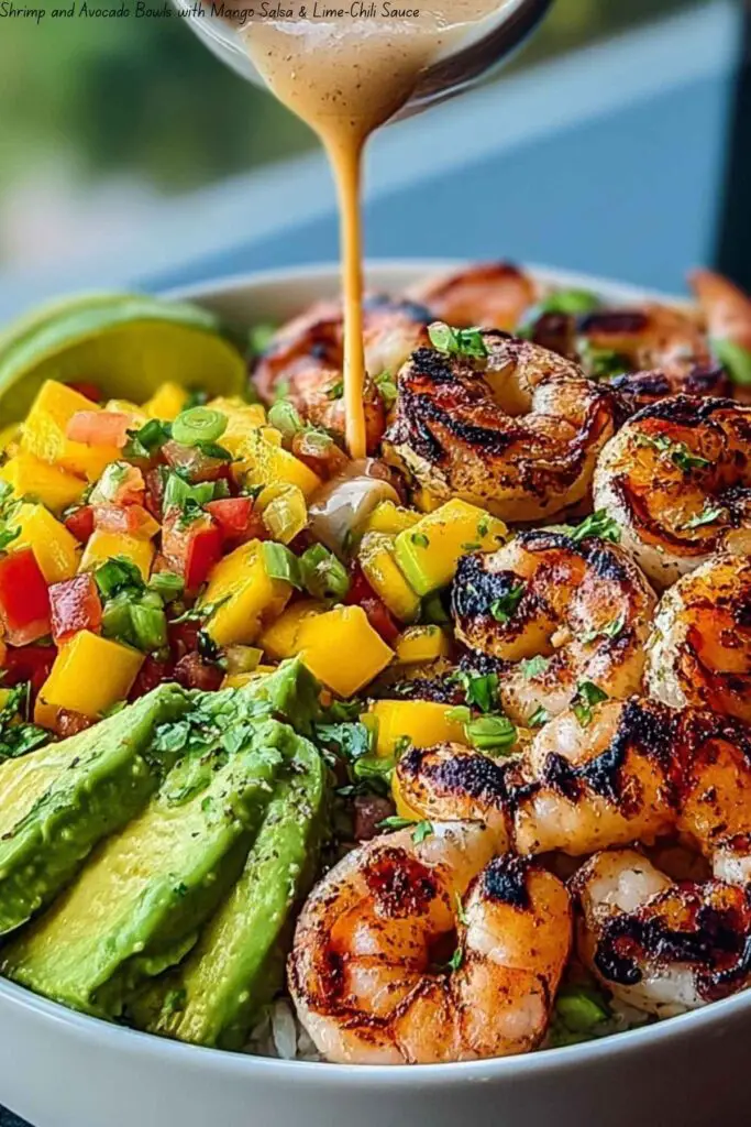 Shrimp and Avocado Bowls with Mango Salsa & Lime-Chili Sauce