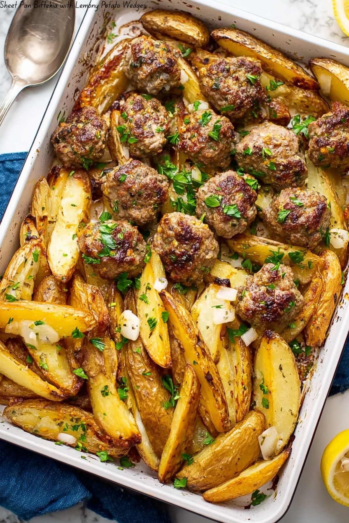 Sheet Pan Biftekia with Lemony Potato Wedges