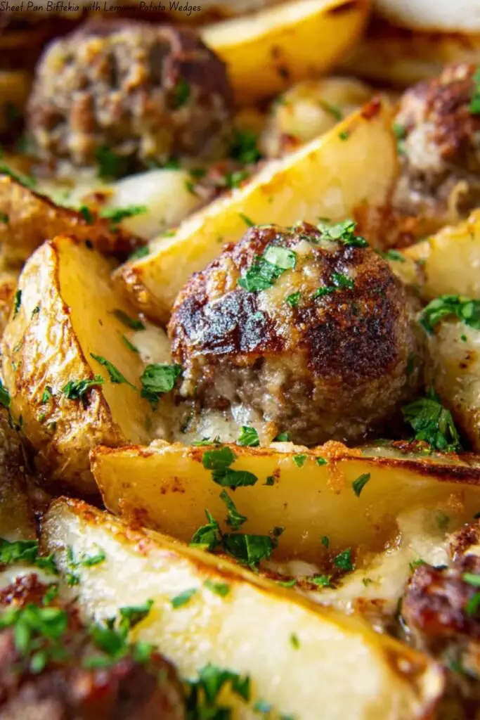Sheet Pan Biftekia with Lemony Potato Wedges