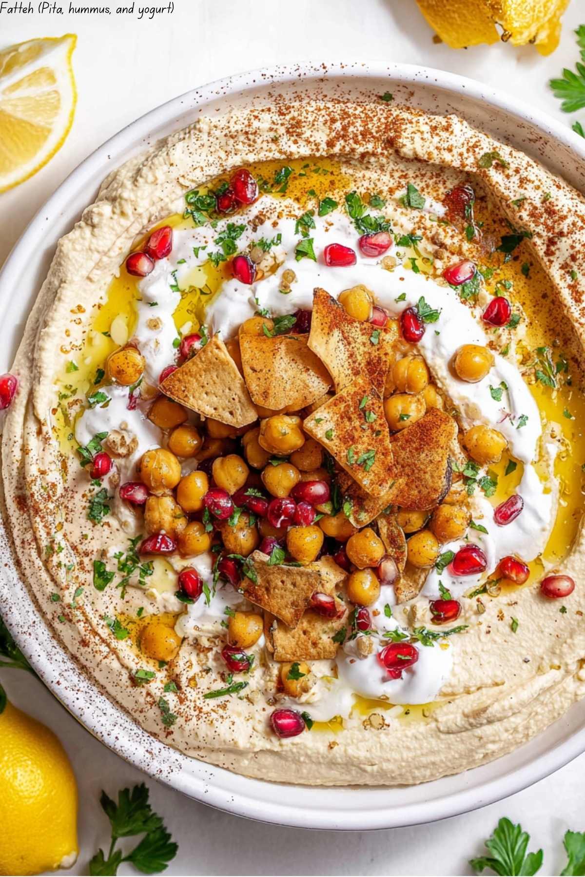 Fatteh (Pita, hummus, and yogurt)
