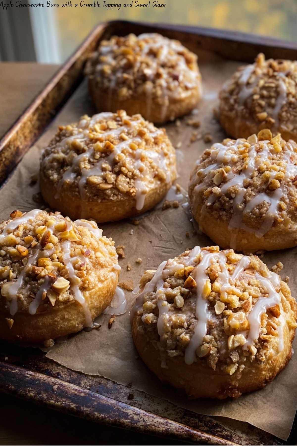 Apple Cheesecake Buns with a Crumble Topping and Sweet Glaze