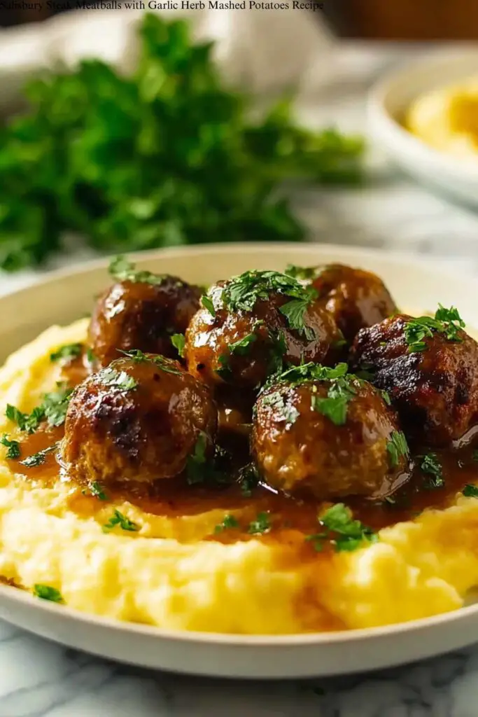 Salisbury Steak Meatballs with Garlic Herb Mashed Potatoes Recipe