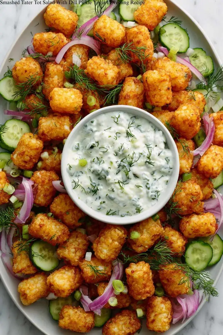Smashed Tater Tot Salad With Dill Pickle Yogurt Dressing Recipe
