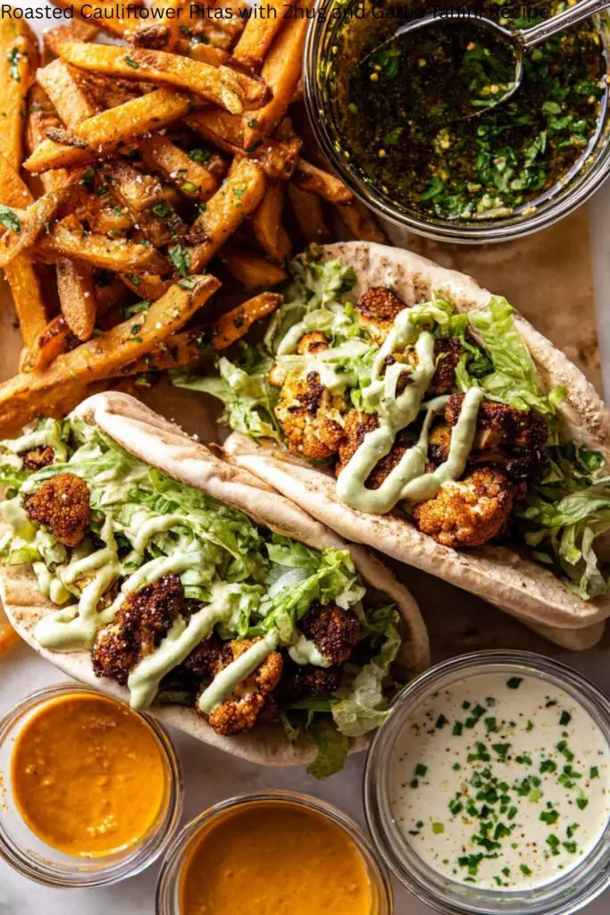 Roasted Cauliflower Pitas with Zhug and Garlic Tahini Recipe