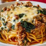 Garlic Butter Spaghetti with Cheesy Italian Sausage and Spinach