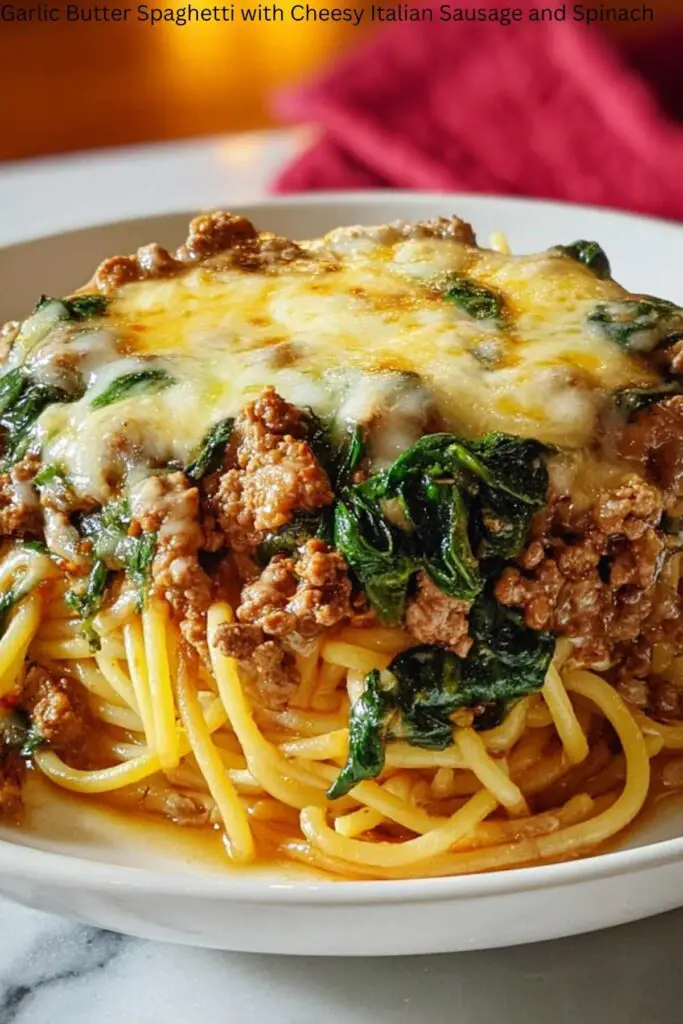 Garlic Butter Spaghetti with Cheesy Italian Sausage and Spinach