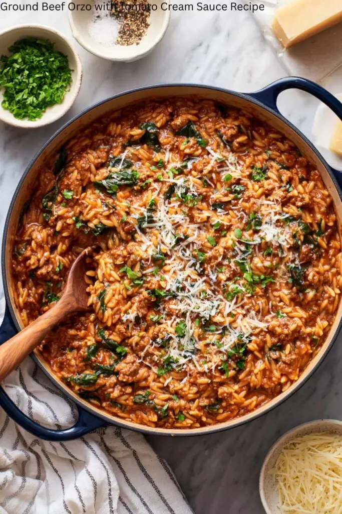 Ground Beef Orzo with Tomato Cream Sauce Recipe